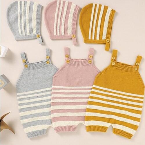 Autumn Infant Kids Baby Boy Girl Sleeveless Braces Jumpsuit Newborn Baby Boy Girl Stripe Rompers + Hat Baby Clothes Rompers