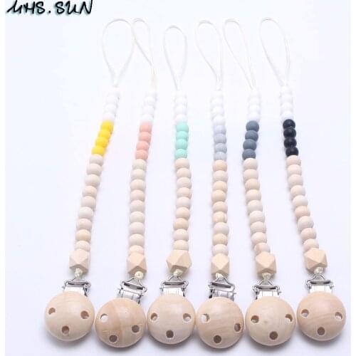 MHS.SUN 6PCS Silicone Teething Pacifier Clips Kids Teether Beads Pacifier Chain Wooden Clip Holder Toy For Nipples Baby Chew