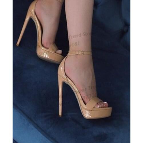 Moraima Snc Sexy High Heel Shoes Nude Patent Leather Platform Woman Sandal Summer Thin Heels Party Dress Shoe