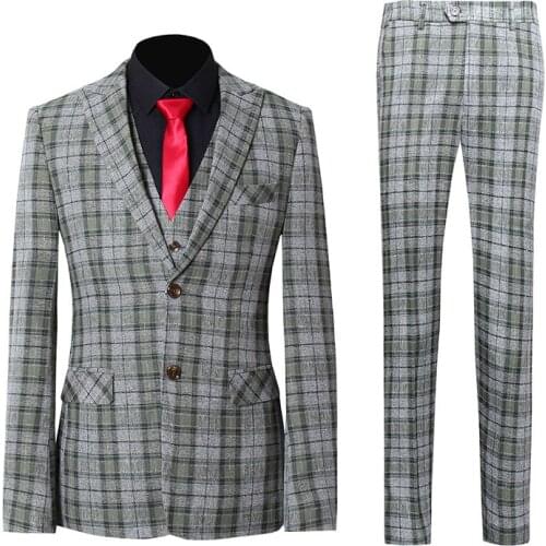 Slim Men Suits Plaid 3-Piece Business Formal Casual Check Suit Party Prom Banquet Wedding Office Work Single Breasted 2 Buttons