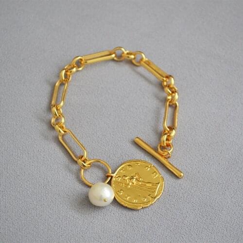 Europe and America retro gold coin irregular baroque pearl chain cold light wind exaggeration OT clasp chain girl bracelet
