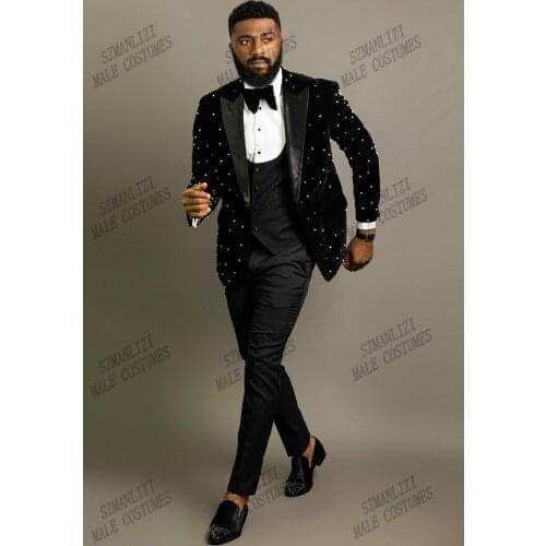 2021 Latest Coat Pant Designs Black Beading Velvet Tuxedo Blazer Costume Homme Male Party Dress Groom Suit Men Suit For Wedding