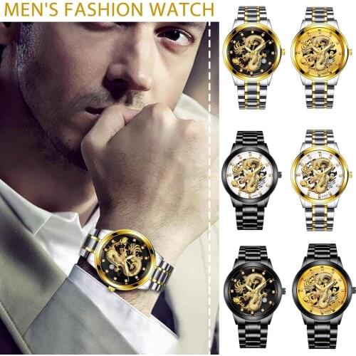 Top Brand Luxury Casual Watches Leather Strap Mens Steel Strap Watch Golden Dragon Figure Fashion Domineering Mens Watch#g30
