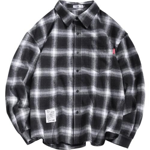 Preppy Style Black Plaid Cotton Autumn Casual Shirt Men Streetwear Hip Hop Long Sleeve Mens Shirts Oversized Winter Cargo Tops