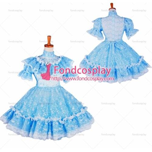 Sissy Maid Blue Lace Organza Lockable Uniform Dress Cosplay Costume Tailor-made[G1391]