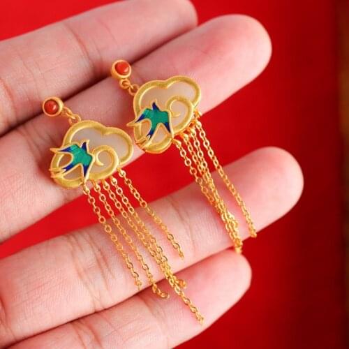 Retro Matte Gold Tassels Drop Earrings Auspicious Clouds Hetian Stone Enamel Swallow Fine Jewelry For Women Engagement Party