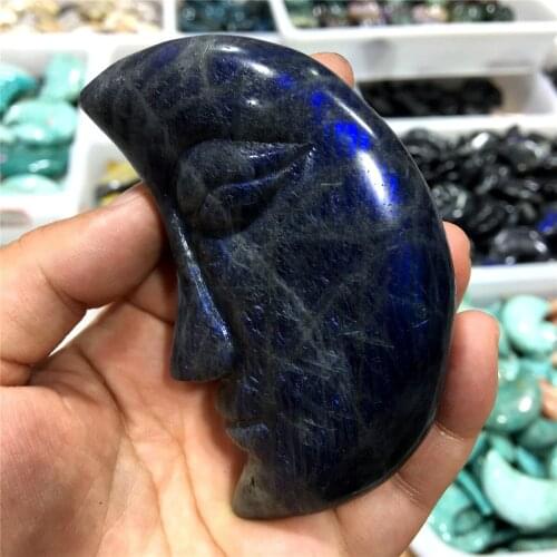 1pcs Natural blue Labrador SPAR hand-carved cute moon-face carved crystal ornaments Halloween home decoration gift