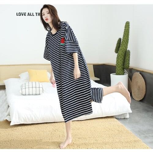 Woman Striped Nightgown Long Nightdress Short Sleeve Emboidery sleepwear Casual Homewear Dress Plus Size Nighty