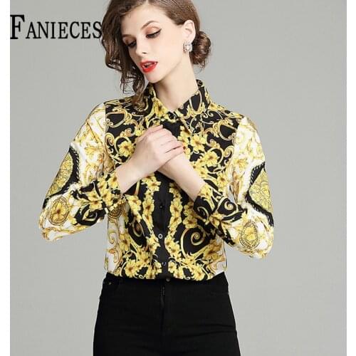 Women Slim Blouses Tops 2021 Summer Baroque Print Runway Long Sleeve Shirt Ladies Collar Elegant Vintage Office Shirts work wear