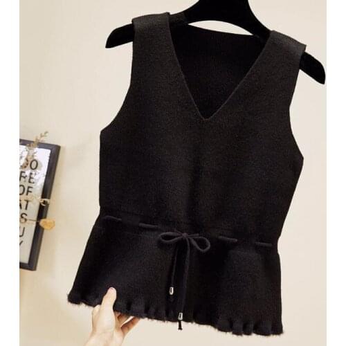 2021 Autumn Winter Knitted Vest Coat Waist Closing Trend Waistcoat Women Wear Loose Korean V-neck Pullover Girl Student Black