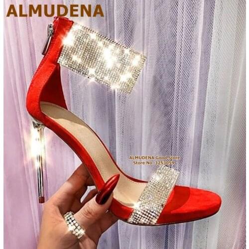ALMUDENA Glittering Silver Crystal Strap High Heel Sandals Red Black Suede Patchwork Bling Bling Dress Shoes Bride Pumps Size47