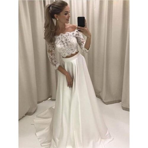 White Boho Wedding Dress Lace 3/4 Sleeves Satin Simple Princess Bride Dress 2 Sets Pieces Custom Made Wedding Gown 2020