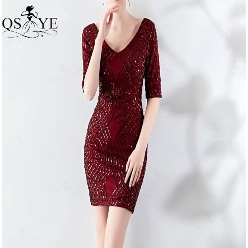 Burgundy Short Evening Dresses Long Sleeves V Neck Prom Gown Mini Formal Dress Fit Women Sequin Slim Dress Short Vestido