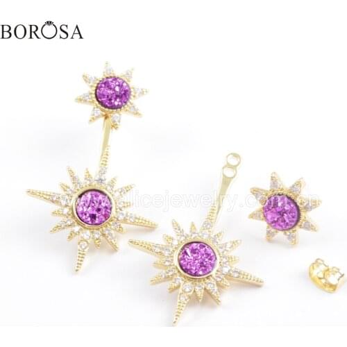 BOROSA 3Pairs Star and Sun Shape Gold Plated Bezel Crystal CZ Micro Pave Double Round Rainbow Druzy Dangle Earrings Jewelry