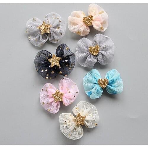 Boutique 40pcs Fashion Cute Glitter Heart/Star Bow Hairpins Solid Kawaii Mini Gauze Bowknot Hair Clips Headwear Hair Accessories