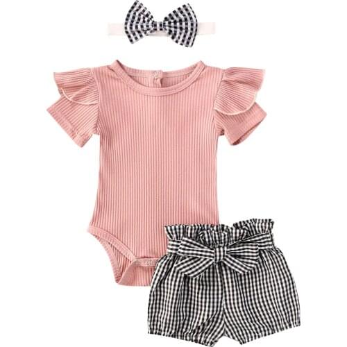 Citgeett Summer Solid 3Pcs Infant Girl Outfits Set Short Sleeve Ruffle Romper + Plaid Shorts + Bow Headband Clothes