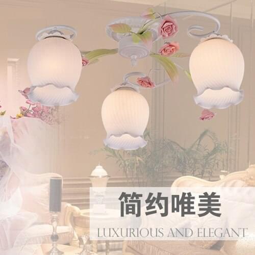 European-style garden living room Romantic Restaurants white wrought iron pink ceramic flowers glass lampshade Ceiling Lamp c165