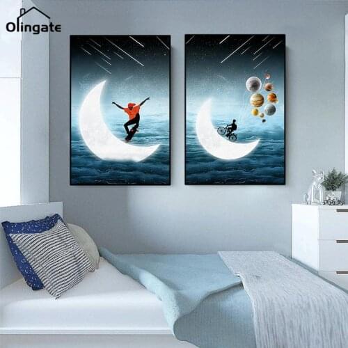 Fantasy Meteor Moon Planet Landscape Pictures Modern Canvas Wall Art Paintings Prints Blue Posters for Living Room Home Decor