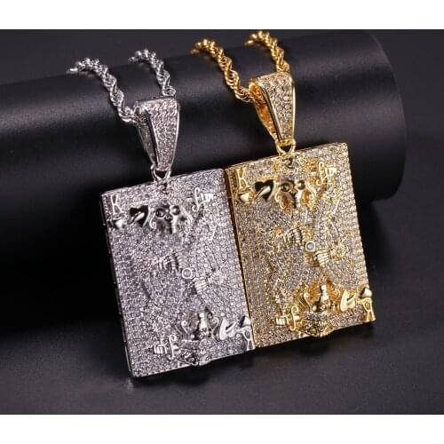 Hip Hop AAA CZ Stones Bling Ice Out Poker Lucky Heart Peach K Skull Square Pendants Necklace for Men Rapper Jewelry Gold Color