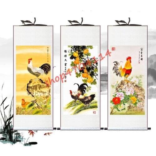 Pictures of rich and auspicious rooster silk scroll hanging pictures, exquisite crafts, decorations, collections