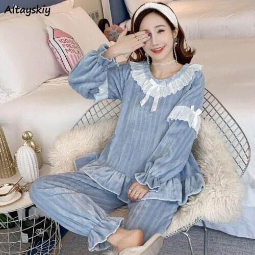 Autumn Pajama Sets Lovely Chic Soft Casual Daily Fashion Ulzzang Plus Velvet Ladies Sleepwear 2 Piece Long Sleeve Femme Homewear