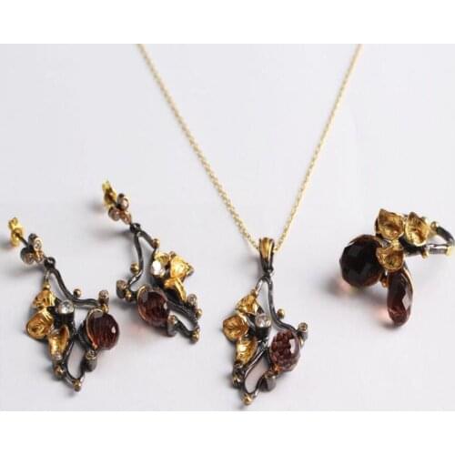 Drop Zultanite Jewelry Set Gold Plated, Woman Delicate Silver Zultanite Ring+Necklace+Earrings, Handmade Woman Silver