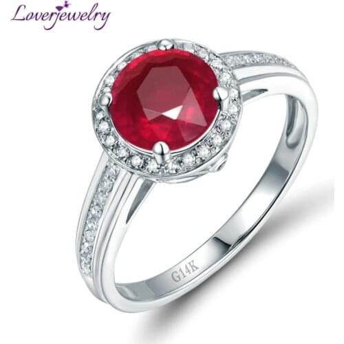 LOVERJEWELRY Real 14K White Gold Natural Round Ruby Ring Fine Jewelry for Women Anniversary or Party WU302C