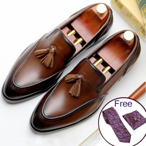 Mens natrual leather business dress suit shoes men brand Bullock genuine leather black tassel wedding shoes Phenkang 2020