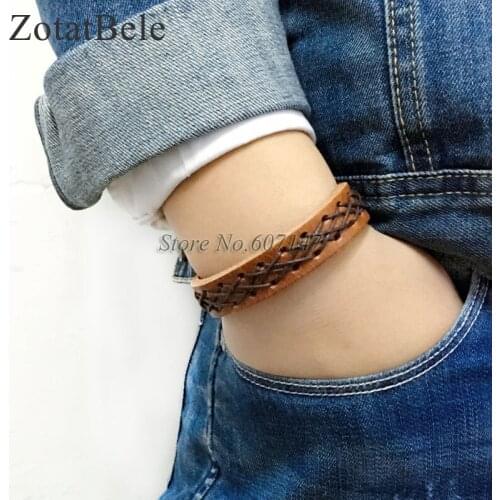 6pcs/lot Twist Handmade Bangle pulseira masculina Wrap Brown Retro Genuine Leather Bracelet Men with Braided Rope PT9