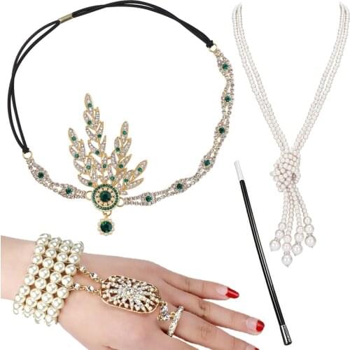 1920s Flapper Accessories Set Rhinestone Headpiece Pearl Knot Necklace Bracelet with Cigarette Holder Gatsby Costume for Women