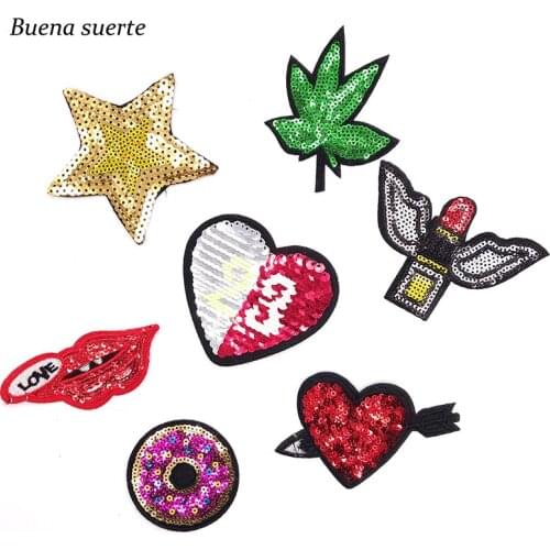 Punk Hemp Leaf Iron on Patches for Clothing Five-pointed Star Lips Doughnut Patch Sequin Embroidery Rock Tags Moto Applique