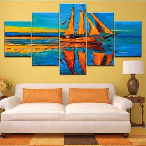 Wall Art Canvas Paintings Frame 5 Pieces Ship Boat Ashore Sea sunrise Landscape Poster HD Prints Pictures Living Room Home Decor