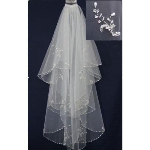 New Handmade beaded Beads Pearl White/Ivory 2T Wedding Bridal Veil with Comb