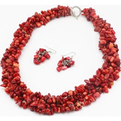 Natural Stone Red Coral 9-11mm Irregular Beads Necklace Earrings Jewelry Set for Women Statement Gravel Chip Chain Dangle 18"A68