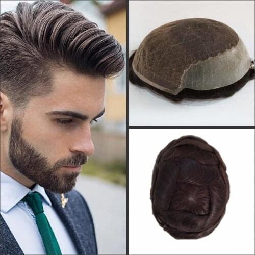 Alishevy ,Human Hair Toupee for Men Q6 Base PU And French Lace Cap Remy Hair Bleached Knots Mens Wigs Hairpieces Replacemen