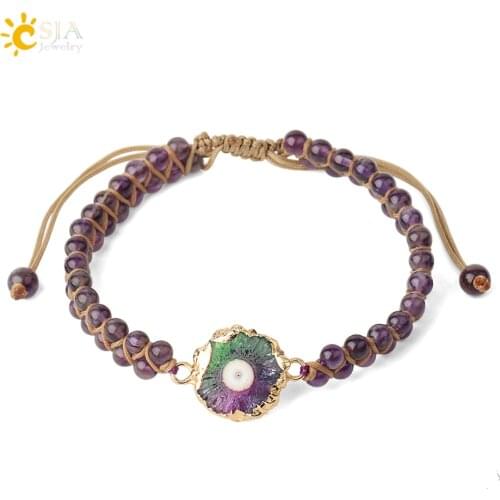 CSJA 4mm Natural Stone Weaving Bracelets Single Color Double Layer Brown Braided Rope Mixed-color Crystal Bangles for Women G428