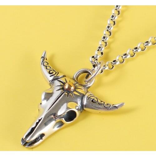S925 Sterling Silver Thai Silver Jewelry Retro Personality Creative Cow Head Men Pendant Necklace Pendant