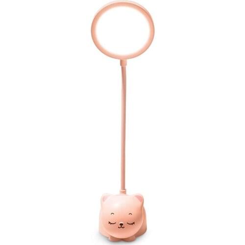 Pink Kids Desk Lamp with Pen Holder,Eye Protection,Gooseneck Cat Lamp,Stepless Dimming,Contact LED Samll Desk Light