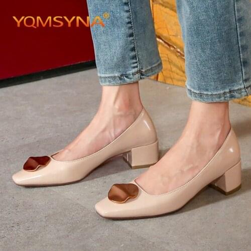 YQMSYNA Fashion Pumps Women Casual Square Heel Square Toe Metal Decoration Pumps Comfortable Office Commute Ladies Shoes AS71