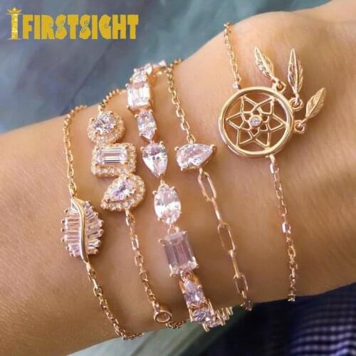 Iced Out Bling CZ Paved Bracelet Women Fashion Various Shaped Geometric Heart Round Square Marquise Oval Link Chain Jewelry