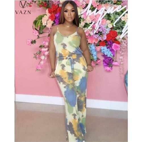 VAZN 2021 Top Quality Sexy Holiday Retro Free Spaghetti Strap Chiffon High Waist Long Wide Leg Pants Women 2 Piece Set