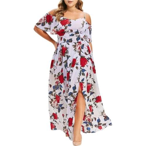 Women Dresses Summer 2021 Womens Plus Size Casual Bohemian Print Off-the-shoulder High-waist Split Maxi Dress Vestidos Mujer
