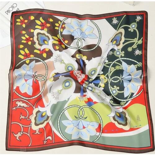 POBING Silk Scarf Woman Spain Floral Print Square Scarves Luxury Bandanas Small Hijab Foulards Lady Tie Headband 53x53CM