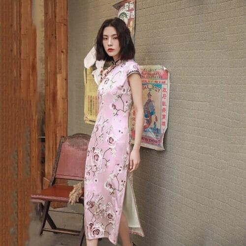 Summer Sweet Rose Print Long Cheongsam Lady Pink Elegant Lace Trim Novelty Qipao Mandarin Collar Sexy Slim Classic Chinese Dress