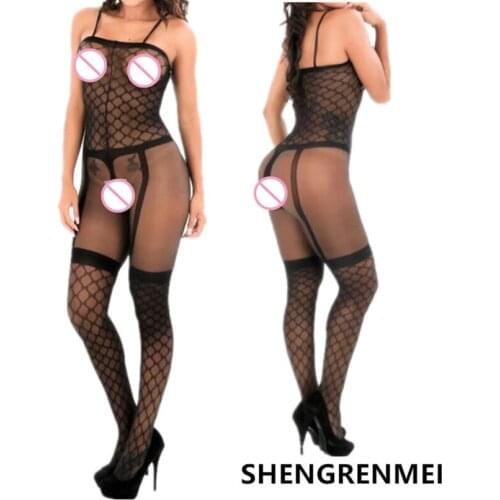 SHENGRENMEI Lady Sexy Lingerie Hot Open Crotch Bodystocking Black Sheer Bodysuit Erotic Costumes For Women Teddy Sex Underwear