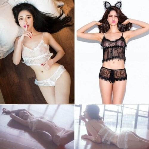 2018 Sexy Womens Lace 2PC Cupless Bra Lingerie Set Hollow-out Garter Belts Nightwear