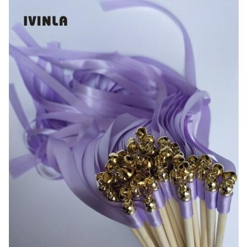 50pcs/lot light purple wedding ribbon wands with sliver bell for wedding decoration