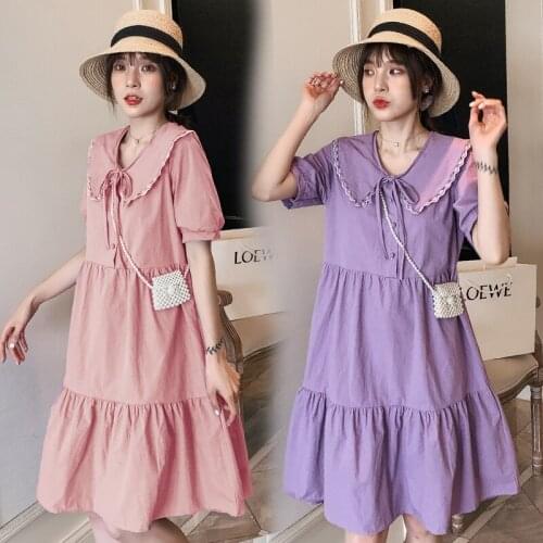 830# Maternity Clothes Summer Cotton Nursing Dress Plain Color Short Sleeves Loose Stylish Dress Pregnant Women Mom Dress