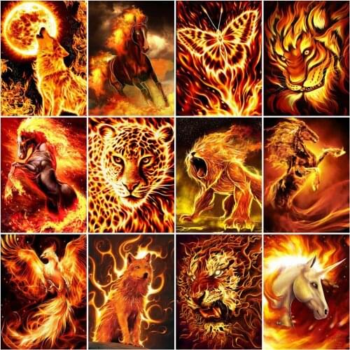 Huacan 5D Diamond Painting New Arrivals Flame Animals Diamond Mosaic Embroidery Wolf Leopard Lion Needlework Home Decoration