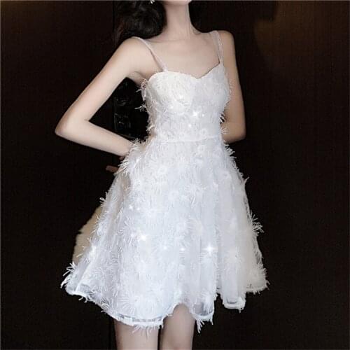 White fur dress sexy short spaghetti retro fairy summer 2020 new fashion party female white dresses vestidos kleid